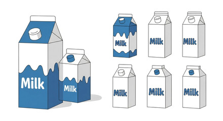 Fresh milk cartons collection depicting various sizes and designs for healthy beverage advertising and branding needs