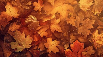 A pile of fallen leaves in various shades of brown and orange, arranged to create a warm, textured autumnal background that captures the cozy, earthy vibe of the fall season.