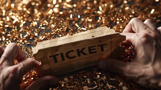 Torn movie ticket stub held by hands on gold confetti background  