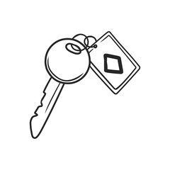 Hand Drawn Single Key on Keyring with Fob Line Art Icon