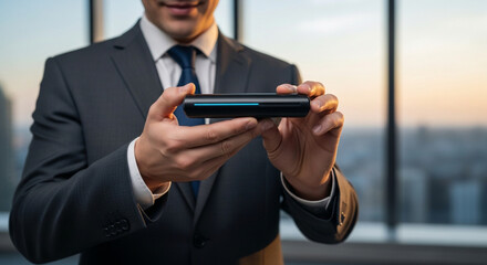 Professional businessman in suit holding sleek modern device with glowing blue light, showcasing innovation in office setting with city view