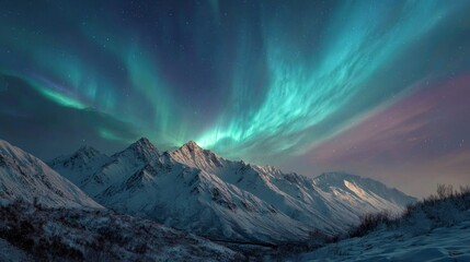 Aurora borealis over snowy mountains
