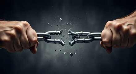 Powerful hands shatter a strong metal chain in a dramatic display of breaking free from limitations and achieving ultimate freedom.