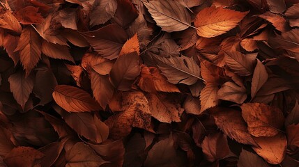 A pile of fallen leaves in various shades of brown and orange, arranged to create a warm, textured autumnal background that captures the cozy, earthy vibe of the fall season.