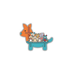 Obraz premium Cartoon Dog Table with Stuffed Animals, Playful Illustration.