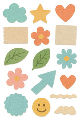 Cheerful sticker set with flowers, smiley face, heart, leaves, star, cloud, arrow for planners, scrapbooks, and social media posts, perfect for joyful designs