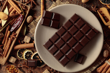 Black chocolate and various spices and seasonings for making aromatic drinks.