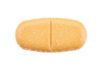 Oblong yellow pill isolated on transparent background, pharmaceutical tablet for medication and healthcare use