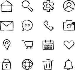 Hand-drawn sketchy UI and UX icon collection for web and app design. Creative outline symbols for digital interfaces, websites, and mobile dashboards in a playful modern doodle style.