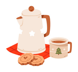 Cozy Christmas illustration with hot chocolate, gingerbread cookies, and holiday vibes. Flat vector set featuring mugs of cocoa, teapots, and homemade Christmas treats.