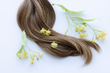 Naklejka premium Female hair with yellow linden flowers. Closeup