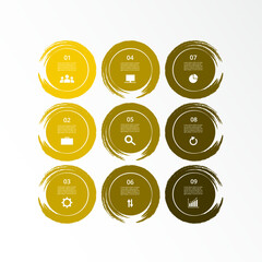 Step by step yellow infographic template with 9 options, parts or processes.
