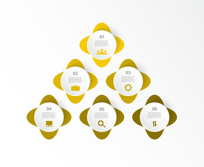 Step by step yellow infographic template with 6 options, parts or processes.