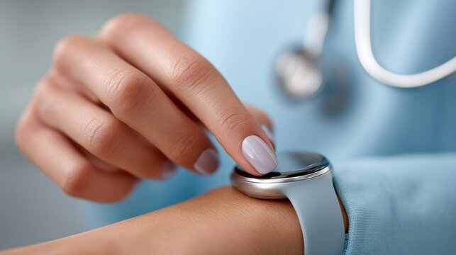 A woman wearing a blue shirt and white nails is looking at her watch - Powered by Adobe