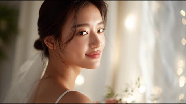 Bride holding bouquet in beautiful indoor setting with soft lighting and elegant decor
