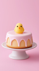 Cute yellow chick cake topper on pink glazed cake on white pedestal stand with pastel pink background