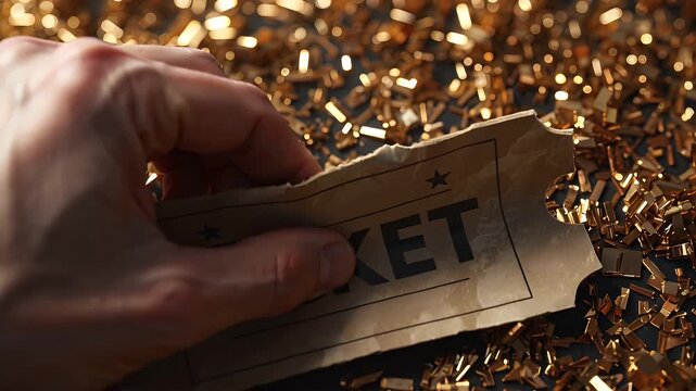 Torn movie ticket stub being held over golden glitter background  