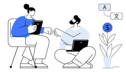 Two people using a tablet and laptop, exchanging ideas, with speech bubbles and dollar sign beside a potted plant. Ideal for teamwork, digital tools, innovation, global communication, financial