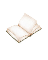 Watercolor illustration of an open book with blank pages . for creating patterns, stationery, invitations, or cozy book-themed designs.