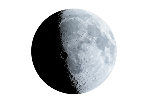 Detailed moon PNG isolated on transparent background, lunar surface with craters and shadows for space exploration and science projects