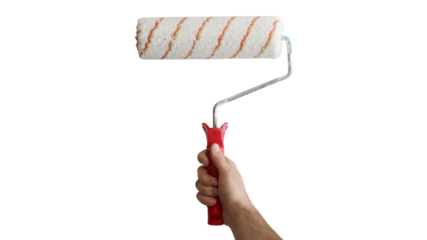 painter holding a paint roller ready for work. Isolated on transparent background, png