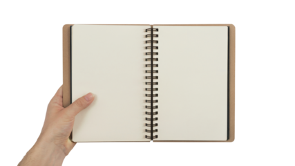  hand holding a blank notebook. Isolated on transparent background, png