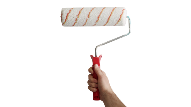 painter holding a paint roller ready for work. Isolated on transparent background, png