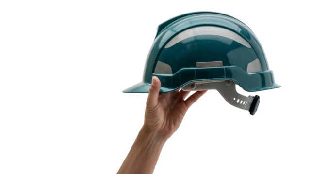  hand holding a green safety helmet for construction. Isolated on transparent background, png