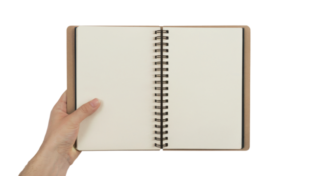  hand holding a blank notebook. Isolated on transparent background, png