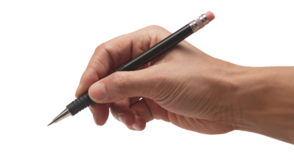  hand is holding a pencil ready to write. Isolated on transparent background, png