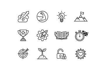 Set of Outline Motivational Icons with Growth, Strength, Innovation, Achievement, Success, Time Management, Focus, Growth, Security, and Protection Concepts in Vector Style