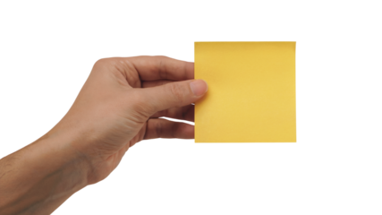  hand holding a yellow sticky note. Isolated on transparent background, png