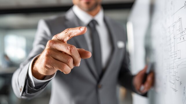 A man in a suit is pointing at a white board