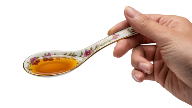 hand holding a spoon filled with liquid. Isolated on transparent background, png