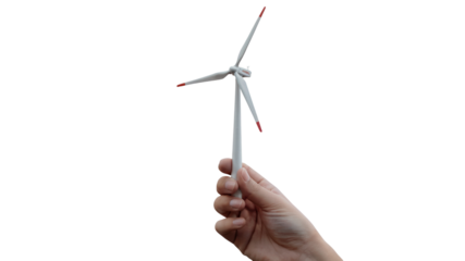  hand holding a miniature wind turbine promoting green energy . Isolated on transparent background, png
