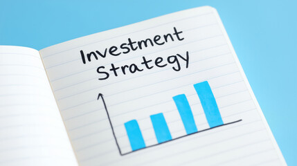 Investment strategy concept with blue bar graph on notebook page showing growth and success plan