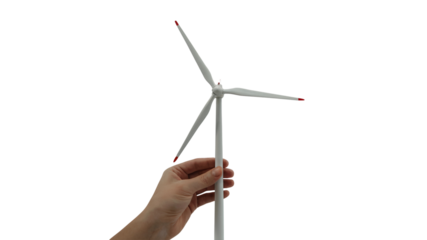 hand holding a miniature wind turbine, symbolizing renewable energy. Isolated on transparent background, png