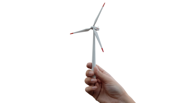  hand holding a miniature wind turbine promoting green energy . Isolated on transparent background, png