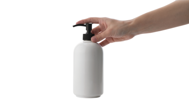  hand pumping a soap dispenser for hygiene. Isolated on transparent background, png - Powered by Adobe