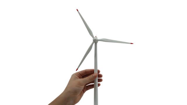  hand holding a miniature wind turbine, symbolizing renewable energy. Isolated on transparent background, png