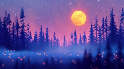 Fototapeta premium 3d watercolor night forest with indigo trees glowing beneath a softly blurred moon and misty brushstroke stars