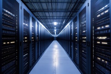 Data center corridor with rows of server racks illuminated in blue light