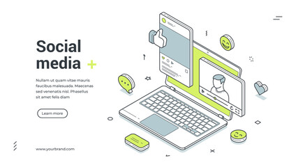 Social media digital network communication isometric web banner design template vector illustration. Internet messaging cyberspace community online blog vlog auditorium interaction technology