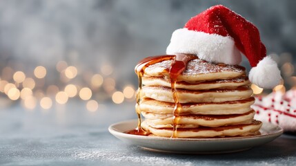 Festive Pancake Stack with Maple Syrup and Santa Hat, Celebrating Christmas Morning Breakfast