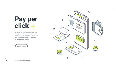 Pay per click online shopping banking promo isometric web banner design template vector illustration. Financial e money payment transaction digital technology purchase management business campaign