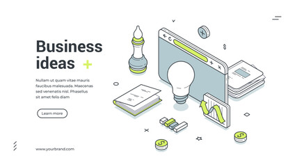 Business idea development analyzing isometric web banner design template vector illustration. Project management brainstorming creative innovation inspiration productivity efficiency strategy planning