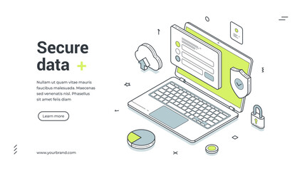 Secure data internet personal information protect isometric web banner design template vector illustration. Computer digital technology safety cyberspace privacy confidential software account access