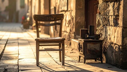 Antique wooden chair and old cast iron stove on cobblestone street with warm sunlight casting long shadows on weathered stone building wall in quaint village European architecture