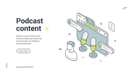 Podcast content creation audio show record isometric web banner design template vector illustration. Internet sound mic speaking entertainment communication auditorium interaction virtual streaming