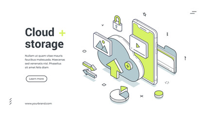 Cloud computing storage backup technology isometric web banner design template vector illustration. Database server network information cyberspace hosting remote transfer synchronization software